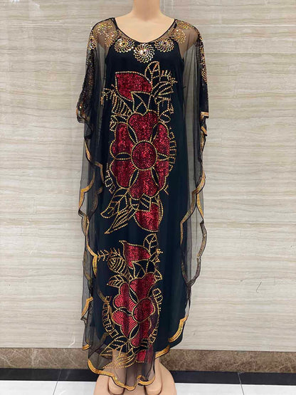 New Style African Women's Clothing Dashiki Abaya Fashion Gauze Fabric Sequins Bat Sleeve Loose Dress Free Size  Single Piece