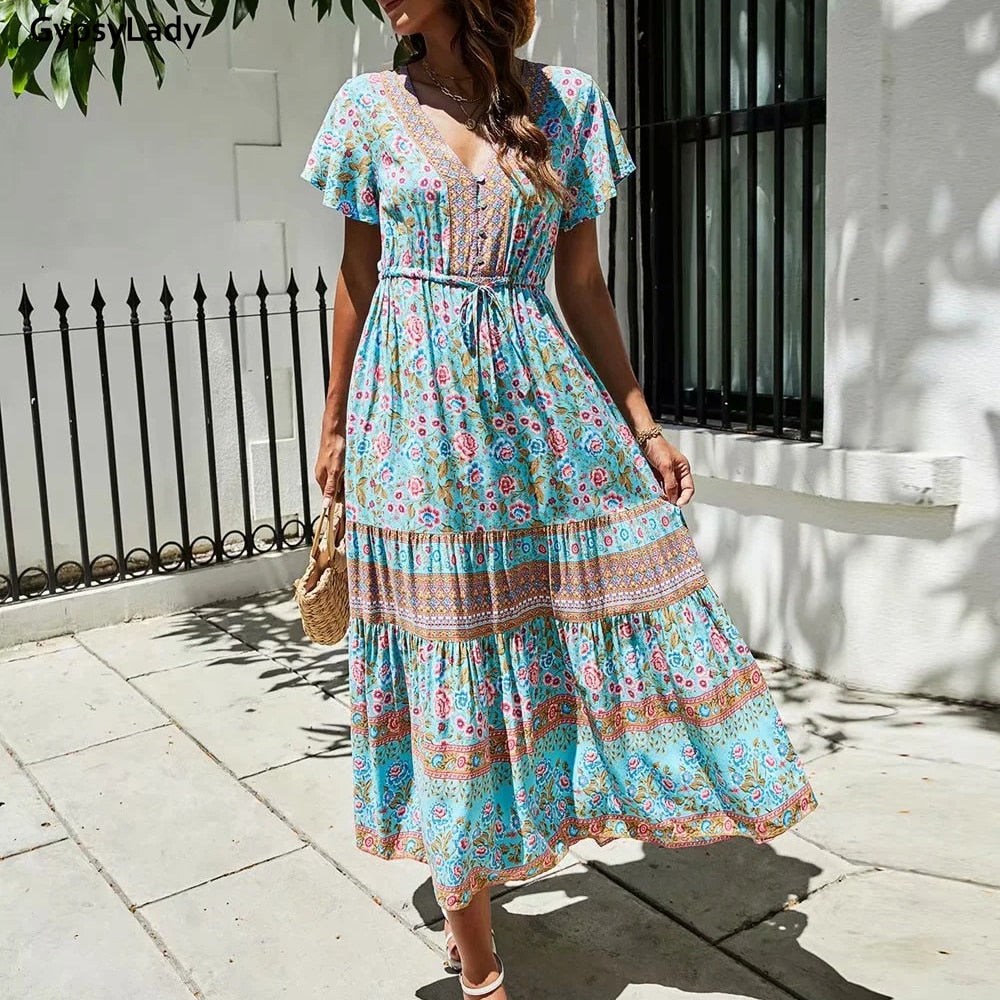 GypsyLady Floral Printed Maxi Dress Vintage Boho Summer Holiday Women Dresses Casual Chic Tie Lace Up Ladies Beach Female Dress