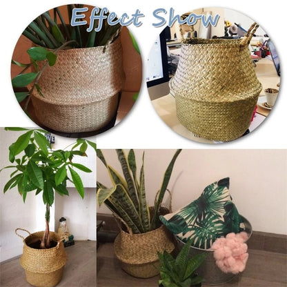 Folding Flower Pot Plant Straw Storage Seagrass Baskets Flower Vase Handmade Hanging Basket Flower Home Decor