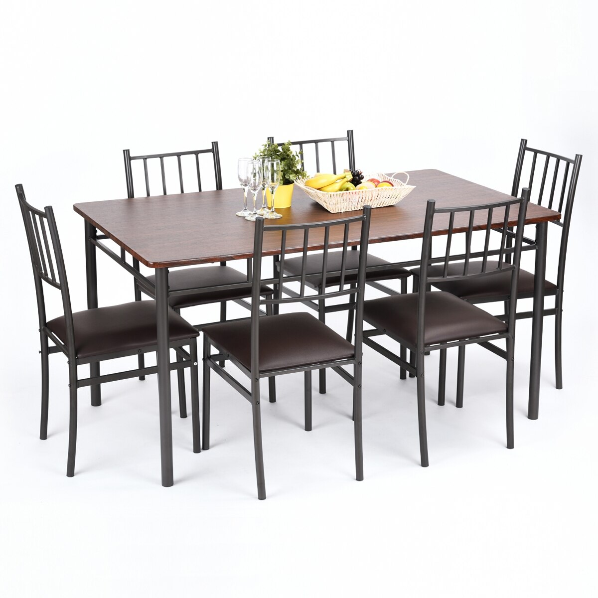 7 Piece Dining Set 1 Wood Metal Table and 6 Chairs Kitchen Breakfast Furniture Walnut[US-W]