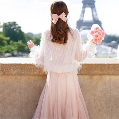 2020 autumn new feather tassel mesh splicing ladies temperament long stand-up collar long-sleeved dress