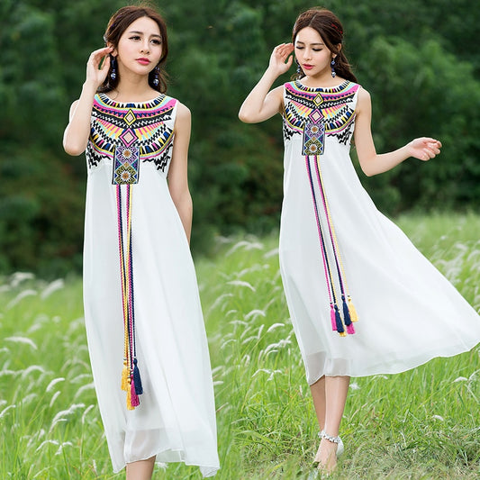 Women&#39;s Vintage Embroidery Tassel boho White Long Dress Sleeveless Casual Dresses Ladies Sundress 2022 Summer Dress vestidos